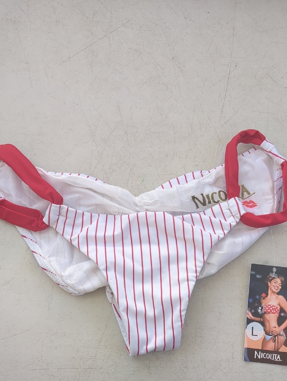 Nicolita White Bikini Bottom with Red Stripes and Red Ties